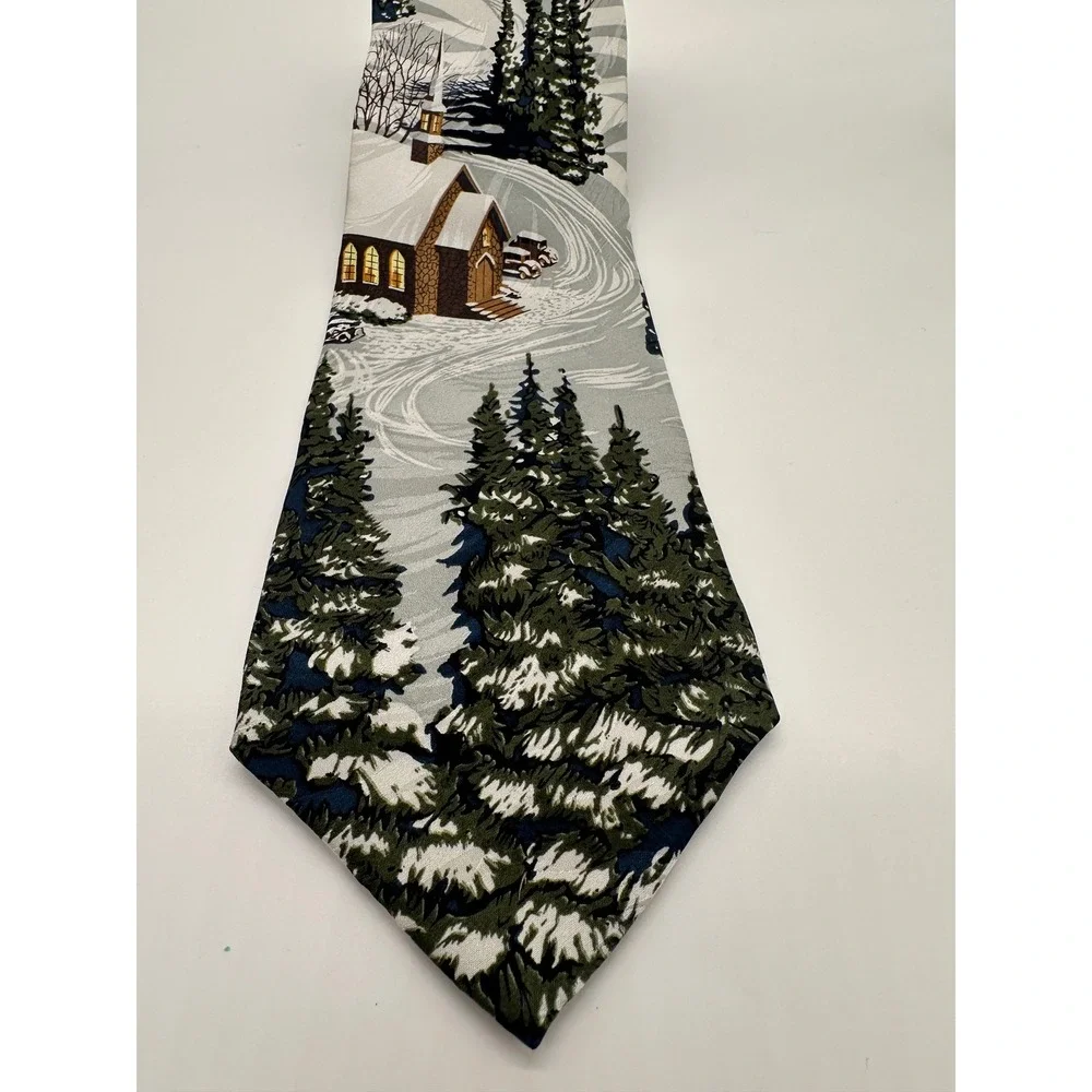 Vintage Free Man Apparel Mens Silk‎ Necktie Winter Scene Church Snow Trees